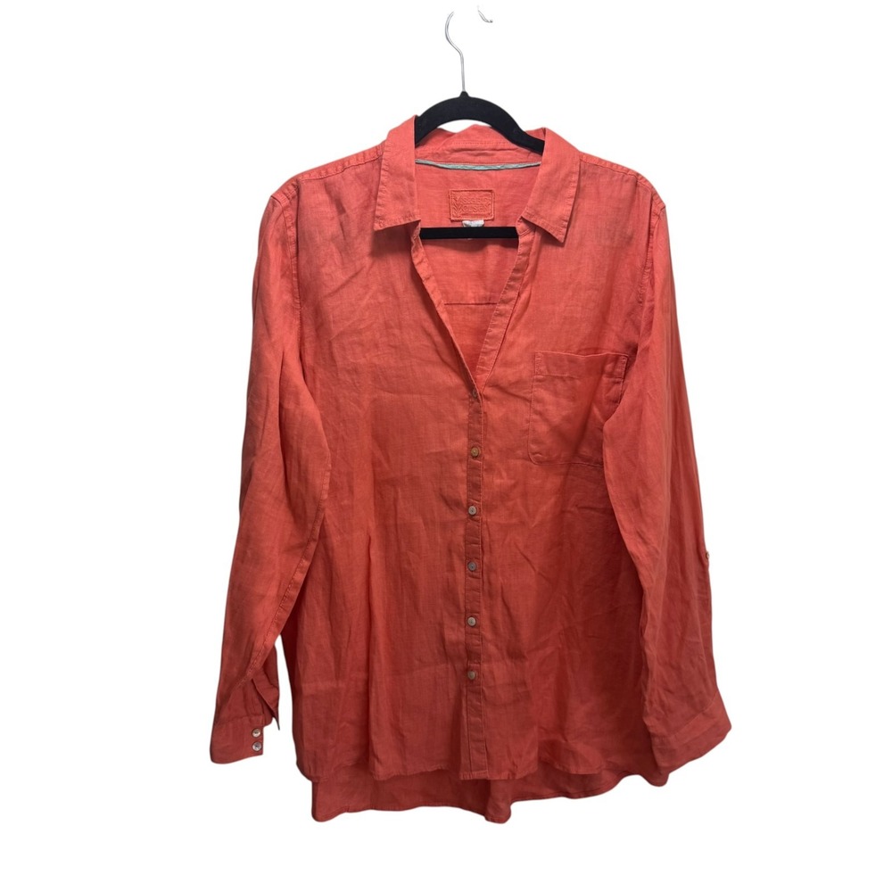 Sigrid Olsen 100% Linen Resort Button Up Tunic Top Shirt  XL Coral 3/4 Sleeve